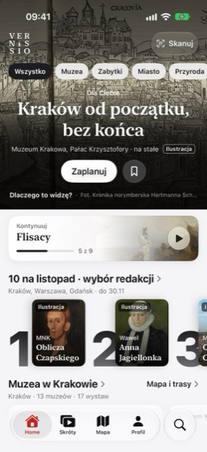 Ekran startowy aplikacji Vernissio z wystawą Kraków od początku i listą muzeów w Krakowie