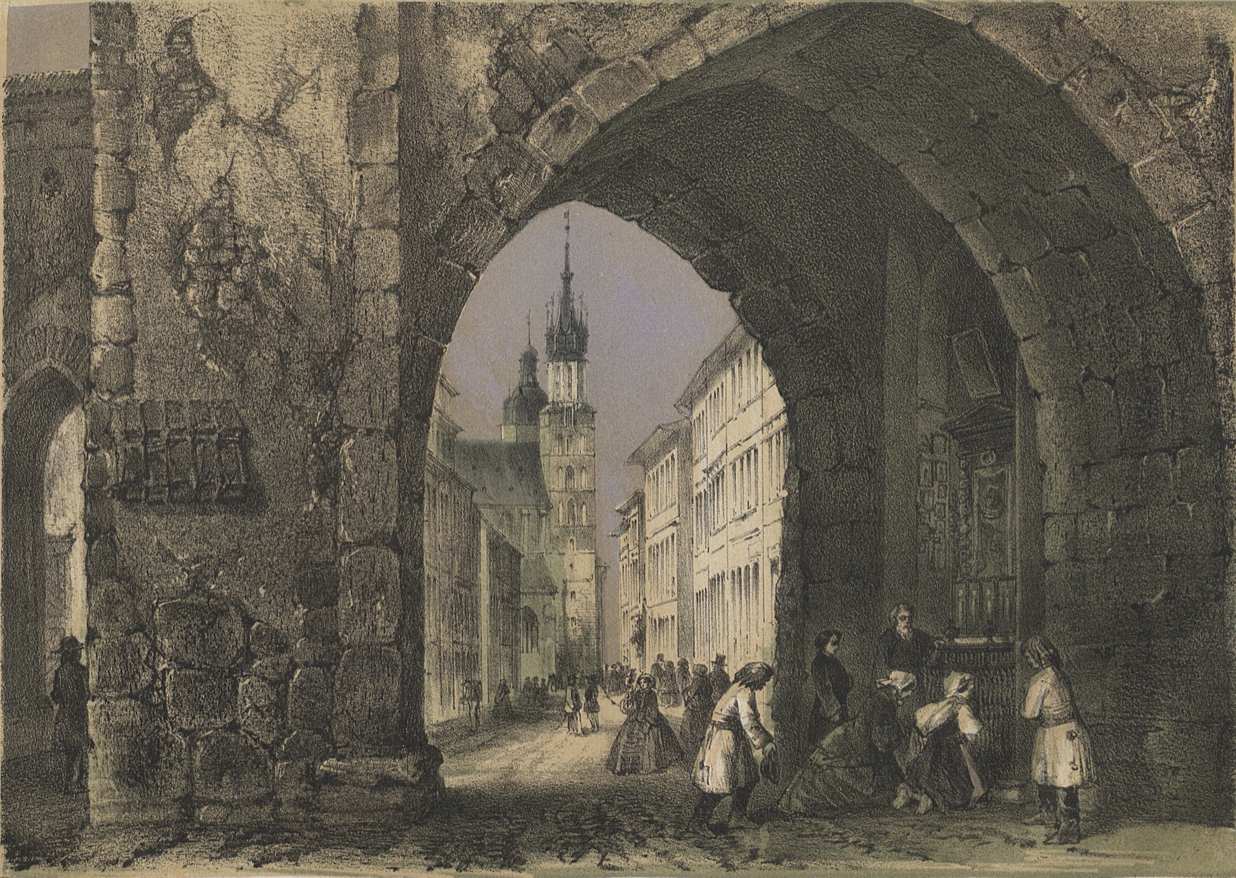 Widok z Bramy Floriańskiej na ulicę Floriańską, litografia z 1862 roku.